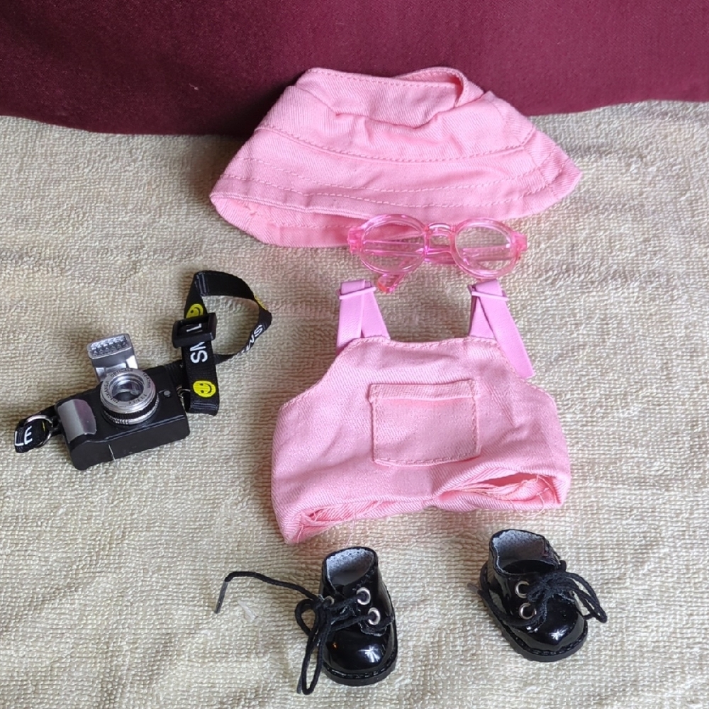 Cute Plush Toy with Pink Overalls and Hat